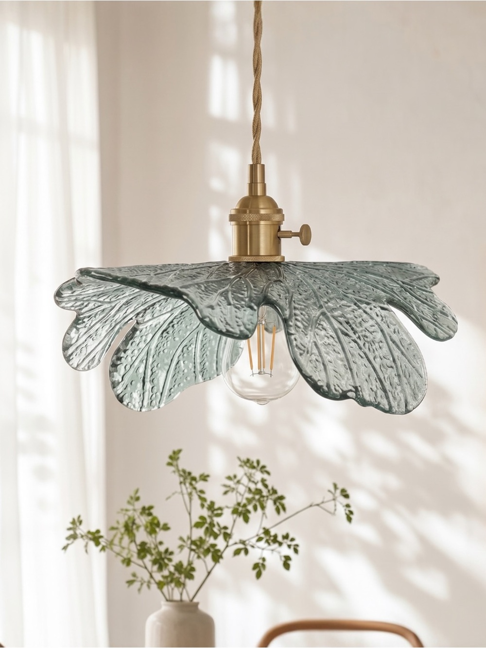 NEW Anthro Vintage Blue Green Glass Hanging Retro Floral Pendant Light Fixture